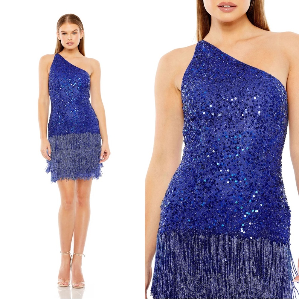 Mac Duggal Blue Fringe Beaded Mini Dress One Shoulder 4
